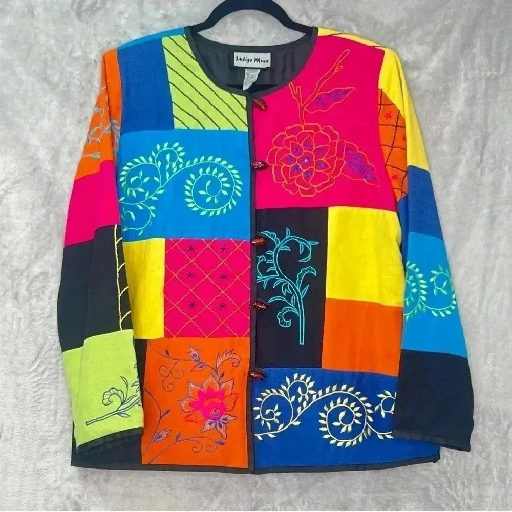Indigo Moon Patchwork Embroidered Artsy‎ Boho Funky Wacky Jacket Size M